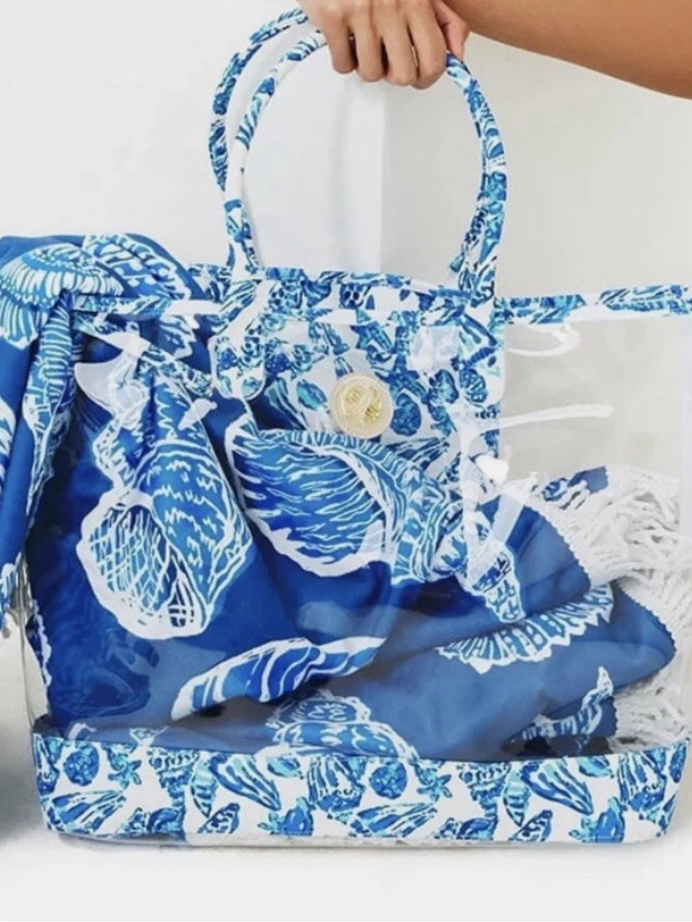 Lilly Pulitzer Clear Tote with Blue Shell-Print Trim